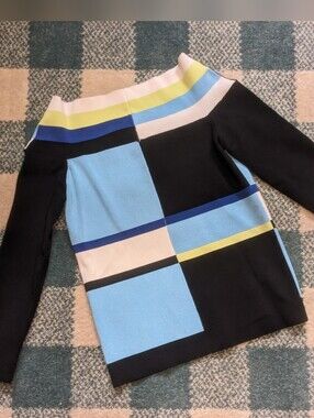 Vintage Wayne Rogers Silk Boat Neck Knit 3/4 Sleeve Colorblock Top Size Small